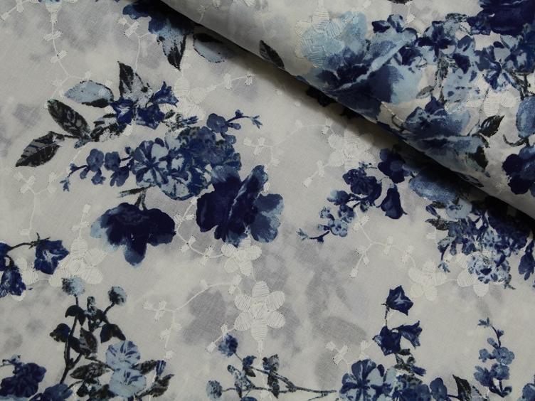 Blume blau Stickerei Baumwolle 70 x 125 cm