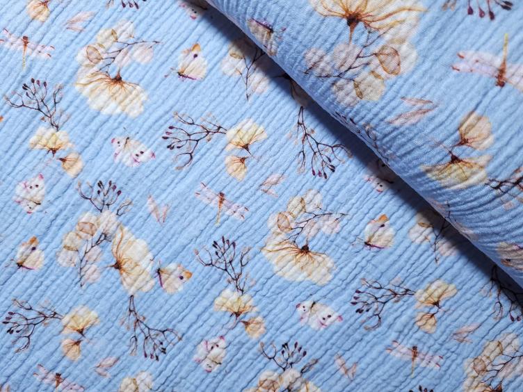 Double Gauze Blumen hellblau