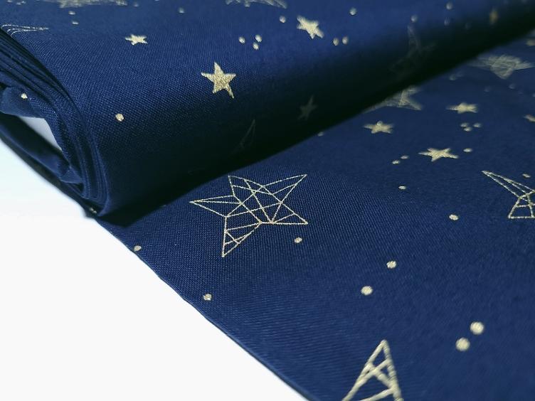 Goldige Sterne auf blauem Baumwolle Weihnachtsstoffe - 0