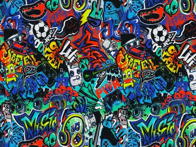 Graffiti farbig Montreal aufgeraut Sweat Swafing 90 X 160 cm