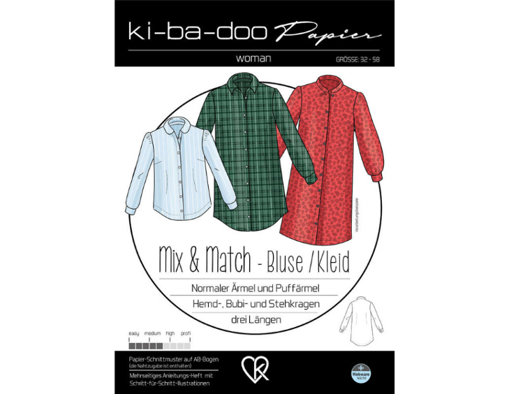Kibadoo Damen Mix&Match Basic Bluse/ Kleid Damen Gr.32-58- DIN A 0 Schnittmuster und Anleitung als Broschüre
