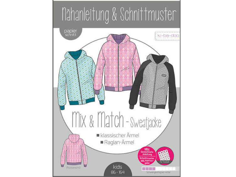 Kibadoo Kinder Mix&Match Sweatjacke Gr. 86-164 - DIN A 0 Schnittmuster und Anleitung als Broschüre