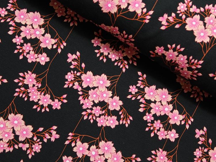 Sakura Hana schwarz Blüte Jersey Hamburgerliebe 130 x 170 cm